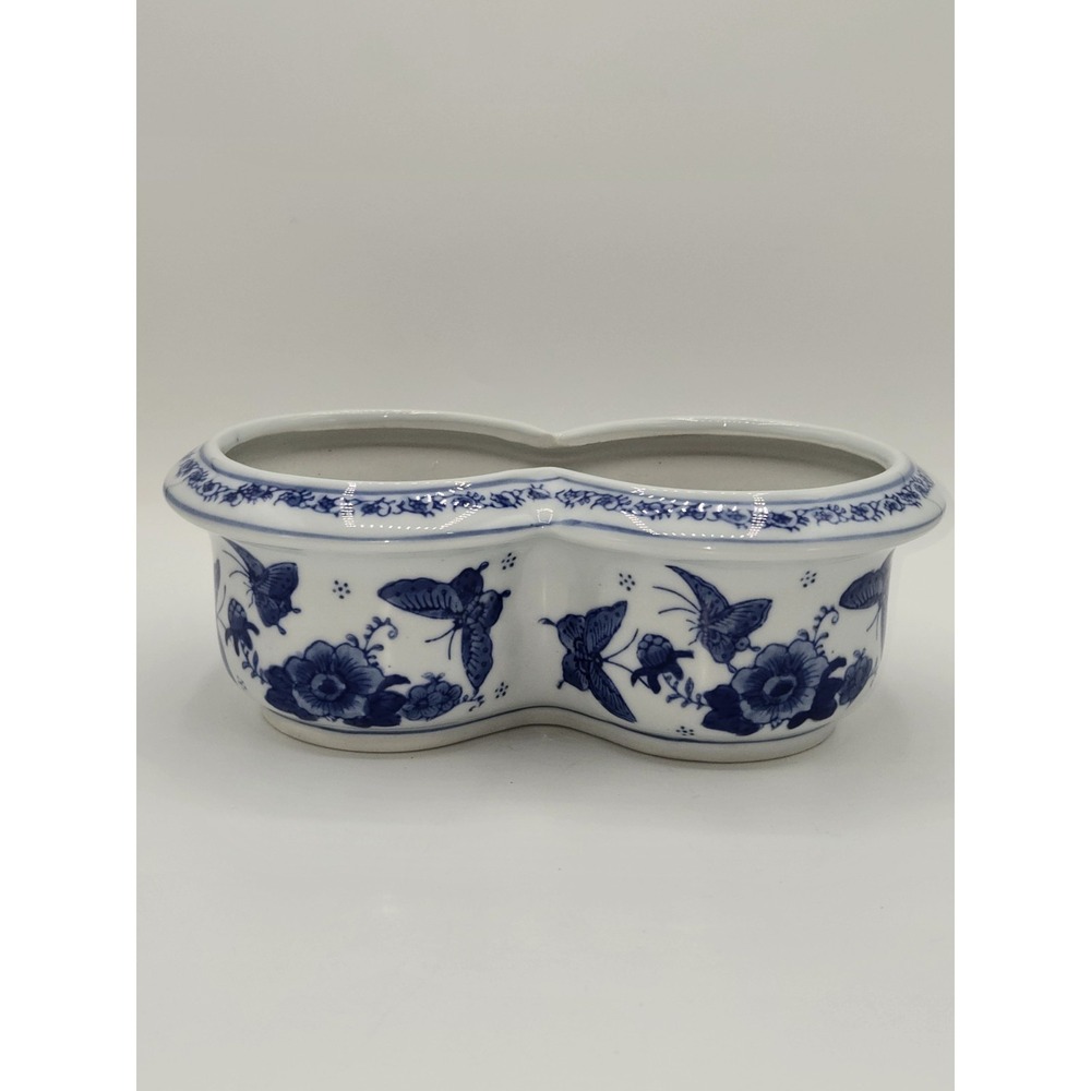 Vintage Blue White Porcelain Double Planter Butterfly Floral Cache Pot Japan